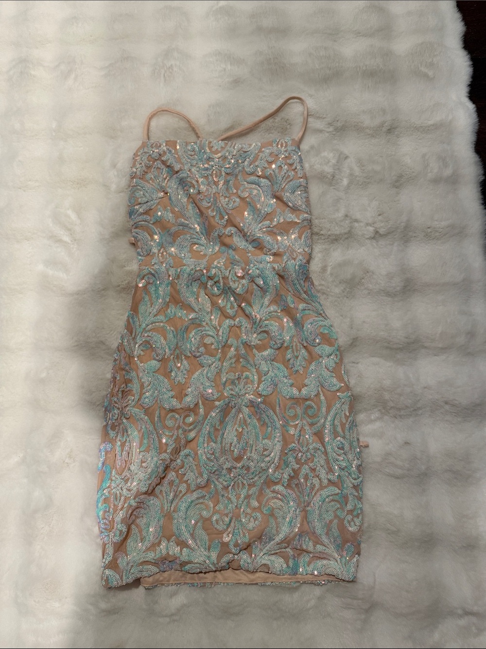 NWT Small Homecoming Beaded Illusion Sheath Dress in Nude with iridescent